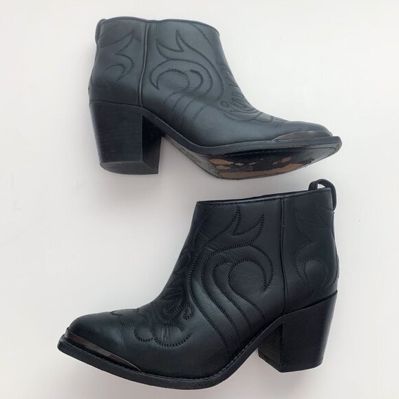 H&M Leather Western Cowgirl Core Block Heel Black Ankle Cowboy Boots Size 38 - Picture 6 of 13